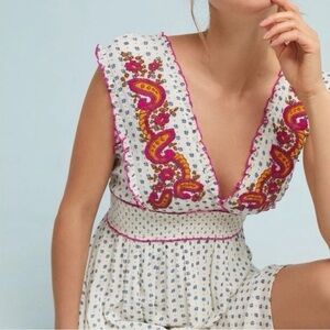 Anthropologie White Maggie Embroidered Smocked Dress By Lilka XS